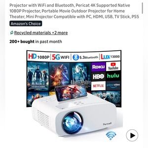White 1080P Projector with WiFi and Bluetooth